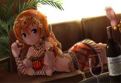 Rule 34 | 10s, 1girl, anklet, armlet, bare shoulders, barefoot, bead necklace, beads, blue eyes, blush, bottle, circlet, closed mouth, couch, cup, dancer, detached sleeves, drinking glass, dutch angle, earrings, feet, food, fringe trim, fruit, gem, hair between eyes, harem outfit, holding, holding food, holding fruit, indoors, jewelry, kosaka honoka, leg up, light particles, long hair, looking at viewer, love live!, love live! school idol festival, love live! school idol project, lying, midriff, miniskirt, necklace, on stomach, orange hair, orein, orien, palm tree, red skirt, ring, see-through, skirt, smile, soles, solo, strawberry, toes, tree, veil, wine bottle, wine glass