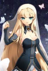 Rule 34 | 1girl, arm up, bare shoulders, blonde hair, breasts, bug, butterfly, detached collar, detached sleeves, green eyes, haeinj, helena k sink, helena k sync, bug, long hair, lowres, open mouth, smile, solo, sword girls, ubina, veil, very long hair