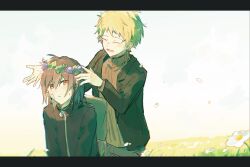 Rule 34 | 2boys, atou haruki, bandage on face, bandages, black jacket, blonde hair, brown hair, brown sweater, chinese commentary, closed eyes, closed mouth, commentary request, head wreath, highres, isoi haruki, jacket, long sleeves, male focus, multiple boys, nanqiuluoaaa, open clothes, open jacket, open mouth, red eyes, ribbed sweater, saibou shinkyoku, short hair, smile, sweat, sweater, time paradox, turtleneck, turtleneck sweater
