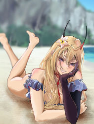 Rule 34 | 1girl, antennae, azur lane, bad id, bad pixiv id, bare legs, bare shoulders, barefoot, beach, between breasts, blonde hair, blue one-piece swimsuit, blurry, blurry background, blush, breasts, crossed arms, elbow gloves, feet, flower, full body, gloves, hair flower, hair ornament, hand on own cheek, hand on own face, highres, kumano (azur lane), kumano (fancy waves) (azur lane), legs, legs up, long hair, looking at viewer, lying, medium breasts, mi settei, ocean, official alternate costume, on ground, on stomach, one-piece swimsuit, open mouth, parted lips, purple eyes, sand, single glove, smirk, soles, solo, swimsuit, teeth