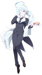Rule 34 | 1girl, ;p, absurdres, alternate costume, black jacket, black necktie, black pants, blue archive, blush, butler, crossdressing, female butler, food, food on face, fruit, full body, gloves, grey hair, halo, highres, holding, holding tray, jacket, long hair, looking at viewer, meunhongcha, necktie, noa (blue archive), one eye closed, pants, shirt, solo, strawberry, tailcoat, tongue, tongue out, towel on arm, tray, very long hair, white gloves, white shirt