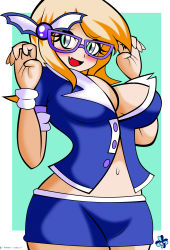 Rule 34 | absurdres, blonde hair, blue eyes, blush, breasts, cleavage, fang, glasses, highres, large breasts, lucky-jj, miniskirt, shy, simple background, skirt, slit pupils, tagme, vampire