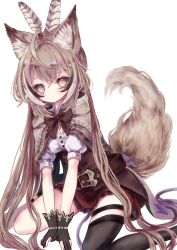 1girl absurdres animal_ears black_gloves black_thighhighs bow brown_eyes brown_hair feather_hair_ornament feathers fox_ears fox_girl fox_tail gloves hair_ornament highres hololive hololive_english long_hair looking_at_viewer megts0331 nanashi_mumei nanashi_mumei_(1st_costume) partially_fingerless_gloves short_sleeves single_thighhigh sitting solo tail thighhighs virtual_youtuber white_background