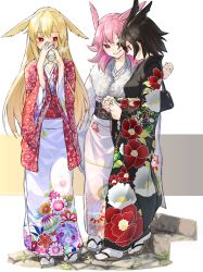 Rule 34 | 3girls, absurdres, black hair, black kimono, blonde hair, commentary request, cup, drinking, fate/grand order, fate (series), floral print, fur-trimmed kimono, fur trim, hatsumoude, head wings, highres, hildr (fate), holding, holding cup, japanese clothes, kimono, long hair, medium hair, mitsurugi sugar, multiple girls, new year, ortlinde (fate), pink hair, pink kimono, print kimono, red eyes, red kimono, sandals, short hair, tabi, thrud (fate), valkyrie (fate), wings