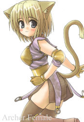 Rule 34 | 1girl, animal ears, archer (ragnarok online), archived source, armored skirt, asanagi, belt, blonde hair, blue eyes, blue shirt, blush, boots, brown footwear, brown gloves, brown thighhighs, cat ears, cat girl, cat tail, character name, closed mouth, elbow pads, foot out of frame, gloves, leg up, looking at viewer, muneate, ragnarok online, shirt, short hair, short sleeves, simple background, smile, solo, tail, thighhighs, white background