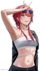 Rule 34 | 1girl, :d, absurdres, arm up, armpits, bandeau, bare shoulders, black jacket, blush, character name, colored tongue, commentary request, copyright request, erlisa takanashi, eyewear on head, highres, jacket, jacket partially removed, lapels, long hair, looking at viewer, midriff, nail polish, navel, open mouth, red hair, red nails, simple background, smile, solo, stomach, strapless, sunglasses, tube top, upper body, white background, yellow eyes, yellow tongue