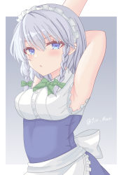 Rule 34 | 1girl, absurdres, apron, armpits, arms behind head, arms up, artist name, back bow, bare arms, blue dress, blue eyes, blush, border, bow, bowtie, braid, breasts, commentary request, dress, green bow, green bowtie, grey background, hair bow, highres, izayoi sakuya, looking at viewer, maid apron, medium breasts, parted lips, short hair, silver hair, simple background, sleeveless, solo, tin mani, touhou, twin braids, twitter username, upper body, v-shaped eyebrows
