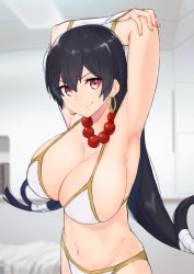 Rule 34 | 1girl, armpits, arms behind head, arms up, bare shoulders, bead necklace, beads, bikini, black hair, blush, breasts, bridal gauntlets, cleavage, closed mouth, collarbone, earrings, fate/grand order, fate (series), hair between eyes, highres, hoop earrings, jewelry, large breasts, long hair, looking at viewer, low-tied long hair, murio, navel, necklace, prayer beads, purple eyes, smile, solo, stretching, swimsuit, white bikini, xuangzang sanzang (fate)