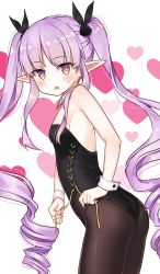 Rule 34 | 1girl, absurdres, arched back, ass, bad id, bad pixiv id, bare shoulders, black leotard, blush, breasts, brown eyes, brown pantyhose, collar, commentary request, detached collar, goyain, hair ornament, heart, heart background, highres, kyoka (princess connect!), leaning forward, leotard, long hair, pantyhose, parted lips, playboy bunny, pointy ears, princess connect!, purple hair, rabbit hair ornament, ringlets, sidelocks, simple background, small breasts, solo, strapless, strapless leotard, sweat, twintails, very long hair, white background, white collar, wing collar, wrist cuffs