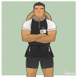 Rule 34 | 1boy, amaimao, apron, bara, black apron, bulge, crossed arms, dark-skinned male, dark skin, facial hair, feet out of frame, goatee stubble, hat, hat on back, highres, large pectorals, looking to the side, male focus, mature male, muscular, muscular male, original, pectorals, rickshaw puller cosplay, short hair, shy, solo, standing, straw hat, stubble, thighs, tied sleeves