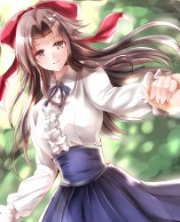 Rule 34 | 1girl, 1other, alternate costume, blouse, bow, breasts, brown eyes, brown hair, commission, corset, dutch angle, hair bow, hair intakes, half updo, high-waist skirt, highres, holding hands, jintsuu (kancolle), kantai collection, kentan (kingtaiki), long hair, long sleeves, looking at viewer, medium breasts, meme attire, neck ribbon, purple ribbon, purple skirt, red bow, ribbon, shirt, skeb commission, skirt, smile, solo, suspender skirt, suspenders, virgin killer outfit, white shirt