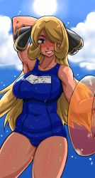 Rule 34 | 00s, 1girl, armpits, belly, blonde hair, blush, breasts, cloud, creatures (company), cynthia (pokemon), day, game freak, hair over one eye, kitsune-tsuki (getter), large breasts, looking at viewer, nintendo, one-piece swimsuit, plump, pokemon, pokemon dppt, school swimsuit, smile, solo, sweat, swimsuit, translation request