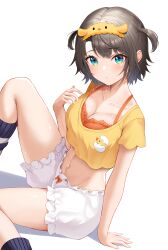 Rule 34 | 1girl, absurdres, black hair, bra, breasts, cleavage, crop top, frilled shorts, frills, headband, highres, hololive, knee up, lace, lace-trimmed bra, lace trim, large breasts, looking at viewer, midriff, navel, oozora subaru, oozora subaru (loungewear), orange bra, roina (effj7473), shirt, short hair, short shorts, short sleeves, shorts, simple background, sitting, socks, solo, stomach, string bra, thighs, two side up, underwear, virtual youtuber, white background, white shorts, yellow shirt