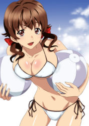 Rule 34 | 10s, 1girl, :o, bad id, bad pixiv id, ball, beachball, bikini, blush, body blush, breasts, brown eyes, brown hair, cleavage, cloud, collarbone, day, guilty crown, heki (axis), large breasts, leaning forward, looking at viewer, menjou hare, navel, open mouth, side-tie bikini bottom, sky, sparkle, swimsuit, twintails