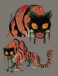 Rule 34 | absurdres, animal focus, brown background, colored sclera, commentary request, constricted pupils, cropped torso, dream tiger (govy9807), dripping, from side, full body, highres, korean commentary, looking at viewer, monster, multiple views, no humans, nyannya, open mouth, orange sclera, original, sharp teeth, signature, simple background, teeth, tiger, tusks, yellow eyes
