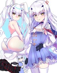 Rule 34 | 1girl, absurdres, anger vein, animal ears, ass, black gloves, breasts, commentary, dress, ebora, melusine (fate), melusine (second ascension) (fate), fake animal ears, fake tail, fate/grand order, fate (series), fishnet pantyhose, fishnets, frilled dress, frills, gloves, gun, hand on own hip, heavy machine gun, highres, holding, holding gun, holding weapon, leotard, long hair, long sleeves, looking back, machine gun, multiple views, open mouth, pantyhose, playboy bunny, pout, rabbit ears, rabbit tail, small breasts, tail, thighhighs, twintails, weapon, white hair, white leotard, white thighhighs, yellow eyes