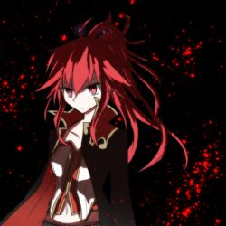 Rule 34 | 1girl, black background, black jacket, commentary, cul, jacket, long hair, looking at viewer, midriff, navel, otonashi yotaka, ponytail, red eyes, red hair, shirt, solo, upper body, vocaloid, white shirt