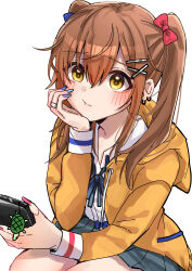 1girl absurdres black_bow black_skirt blue_bow blue_nails blush bow brown_eyes brown_hair cellphone cellphone_charm charm_(object) cinderella_series collared_shirt earrings hachigatsu_no_cinderella_nine hair_behind_ear hair_bow hand_on_own_cheek hand_on_own_face highres holding holding_phone hood hood_down hoodie jewelry long_hair looking_at_viewer orange_hoodie phone pout red_bow ring shirt simple_background skirt smartphone solo twintails ukita_akane white_background yozakurayuyu