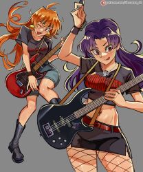 Rule 34 | 2girls, :3, black shirt, breasts, covered erect nipples, cross, cross necklace, crossover, curvy, earrings, female focus, floating hair, grey background, guitar, highres, instrument, jewelry, katsuragi misato, large breasts, lina inverse, long hair, looking at viewer, lying, matching hair/eyes, microskirt, miniskirt, multiple girls, navel, necklace, neon genesis evangelion, one eye closed, orange eyes, orange hair, purple eyes, purple hair, ribosoma 42, shiny skin, shirt, skirt, slayers, smile, teamwork, tongue, tongue out, wide hips