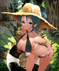 Rule 34 | 1girl, absurdres, artist name, bikini, bikini pull, bikini tan, black bikini, breasts, brown hat, butt crack, closed mouth, clothes pull, commentary request, earrings, forest, gegeron, green eyes, green hair, halterneck, hat, heterochromia, highres, holding, holding swim ring, innertube, jewelry, kantai collection, kiso (kancolle), large breasts, leaning forward, looking at viewer, medium hair, nature, partial commentary, plant, pulled by self, ring, short hair, signature, solo, standing, straw hat, sun hat, sunlight, sweat, swim ring, swimsuit, tan, tanline, yellow eyes
