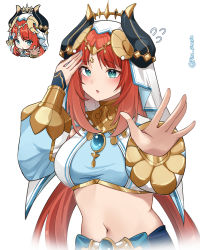 Rule 34 | 1girl, absurdres, aqua eyes, bare shoulders, blush, breasts, brooch, chibi, crop top, flying sweatdrops, genshin impact, genshin impact sticker redraw (meme), hand up, highres, horns, jewelry, large breasts, long hair, long sleeves, looking at viewer, meme, midriff, multiple views, navel, nilou (genshin impact), parted lips, pinepin, red hair, simple background, stomach, upper body, veil, very long hair, white background