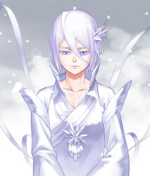 Rule 34 | 1girl, absurdres, bleach, closed mouth, collarbone, colored eyelashes, commentary, dress, expressionless, grey background, hair between eyes, hakka no togame (bankai), high collar, highres, ice, ice crystal, kuchiki rukia, lips, long sleeves, looking down, nose, purple eyes, ribbon, short hair, snow, solo, spoilers, straight-on, upper body, white dress, white hair, white ribbon, wide sleeves, yoshino (laencl)