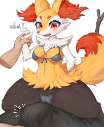 Rule 34 | 1boy, 1girl, animal ear fluff, animal ears, animal hands, animal nose, bikini, black fur, black male underwear, blue bikini, blush, body fur, boxer briefs, braixen, bulge, cameltoe, clothed pokemon, creatures (company), disembodied hand, english text, erection, erection under clothes, fang, fox ears, fox girl, fox tail, front-tie bikini top, front-tie top, furry, furry female, furry with non-furry, game freak, gen 6 pokemon, girl on top, hand up, healingpit, highres, holding another&#039;s wrist, interspecies, male underwear, navel, nervous, nintendo, notice lines, open mouth, pawpads, pokemon, pokemon (creature), pokephilia, red eyes, simple background, skin fang, snout, solo focus, spread legs, stick, stomach, straddling, string bikini, sweat, swimsuit, tail, talking, thick thighs, thighs, underwear, white background, white fur, wide-eyed, yellow fur