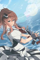 Rule 34 | 1girl, bad id, bad twitter id, blue eyes, breast pocket, breasts, brown hair, cloud, day, dress, fingerless gloves, gloves, hair between eyes, hair ornament, hira (hinakomochi), holding, kantai collection, long hair, looking at viewer, multicolored clothes, multicolored dress, ocean, outdoors, pocket, ponytail, rigging, saratoga (kancolle), saratoga mk ii (kancolle), short sleeves, single glove, sky, smile, smokestack hair ornament, solo
