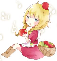 Rule 34 | 1girl, apple, apple hair ornament, apron, bad id, bad pixiv id, basket, beamed eighth notes, blonde hair, boots, braid, brown footwear, chibi, commentary, food, food-themed hair ornament, fruit, full body, green apple, green eyes, hair ornament, hair over shoulder, half-closed eyes, holding, holding food, holding fruit, knee boots, long hair, musical note, original, puffy short sleeves, puffy sleeves, quarter note, red apple, red shirt, red skirt, shirt, short eyebrows, short sleeves, sitting, skirt, solo, symbol-only commentary, thick eyebrows, tsukiyo (skymint), twin braids, waitress, white apron
