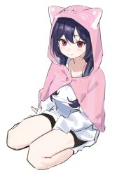 Rule 34 | 1girl, absurdres, animal ears, animal hood, black hair, black shorts, cat ears, cat hood, closed mouth, copyright request, fake animal ears, full body, highres, hood, hood up, light smile, long hair, long sleeves, red eyes, seiza, shirt, short shorts, shorts, simple background, sitting, sleeves past wrists, solo, syhan, virtual youtuber, white background, white shirt