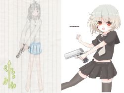 Rule 34 | artist progress, before and after, child, comparison, gun, open mouth, paper, poorly drawn, red eyes, school uniform, skirt, thighhighs, weapon, yume (wig)