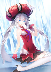 Rule 34 | 1girl, black skirt, blue eyes, boots, dress, fate/grand order, fate (series), from side, gloves, grey hair, half gloves, hat, high heel boots, high heels, highres, long hair, long legs, looking at viewer, marie antoinette (fate), natsutora, open mouth, red dress, red gloves, sidelocks, sitting, skirt, smile, solo, thigh boots, thighhighs, twintails, very long hair, wariza, wavy hair, white footwear, white thighhighs
