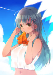 Rule 34 | 10s, 1girl, alternate costume, aqua hair, arms at sides, bad id, bad pixiv id, bare shoulders, breasts, brown eyes, cloud, crop top, crop top overhang, day, covered erect nipples, from side, hair between eyes, hair ornament, hairclip, jakey, kantai collection, long hair, looking at viewer, midriff, mouth hold, navel, no bra, see-through, see-through silhouette, sky, solo, sunlight, suzuya (kancolle), upper body