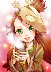 Rule 34 | :d, blush, brown hair, cocoa, cup, green eyes, hot chocolate, japanese clothes, kai (ookami), lips, long hair, mask, minimaru, ookami (game), open mouth, smile, solo, steam