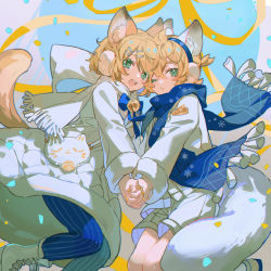 Rule 34 | 1boy, 1girl, animal ears, bare legs, bell, blonde hair, blue background, blue neckwear, blue pantyhose, blue scarf, boots, border, bow, bowtie, cat ears, cat tail, cheek-to-cheek, chinese commentary, coat, commentary request, confetti, down jacket, earmuffs, feet out of frame, foot out of frame, green eyes, hair ornament, hairclip, heads together, highres, hitokoto, holding hands, jacket, kagamine len, kagamine rin, nail polish, neck bell, one eye closed, pantyhose, scarf, short hair, shorts, simple background, streamers, striped clothes, striped pantyhose, tail, vertical-striped clothes, vertical-striped pantyhose, vocaloid, white coat, white footwear, white scarf, white shorts, yellow nails