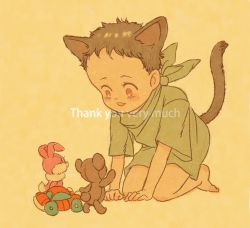 Rule 34 | akira (manga), animal ears, barefoot, cat ears, cat tail, color background, english text, rabbit, shima tetsuo, stuffed animal, stuffed toy, tagme, tail, teddy bear, toy, toy car
