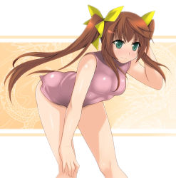 Rule 34 | 10s, 1girl, arm behind head, bare legs, bare shoulders, bent over, bodysuit, breasts, brown hair, cowboy shot, fang, fang out, gradient background, green eyes, hair ribbon, hand on own knee, hevn, huang lingyin, infinite stratos, knees, leaning forward, leotard, light smile, long hair, looking at viewer, pilot suit, ribbon, sidelocks, sleeveless, small breasts, smile, solo, thighs, twintails, very long hair