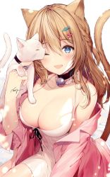 Rule 34 | 1girl, ;d, animal, animal ears, bell, blue eyes, braid, breasts, brown hair, cat, cat ears, cat girl, cat tail, choker, cleavage, collar, dress, hair between eyes, hair ornament, hairclip, halter dress, halterneck, hand up, highres, jacket, jingle bell, large breasts, long hair, long sleeves, looking at viewer, necomi, off shoulder, one eye closed, open clothes, open jacket, open mouth, original, pink jacket, signature, sleeveless, sleeveless dress, smile, solo, spaghetti strap, tail, white dress