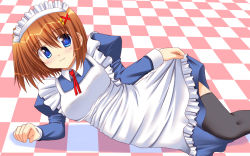 Rule 34 | 00s, 1girl, apron, black thighhighs, blue eyes, brown hair, clothes lift, dress, dress lift, hair ornament, hairband, highres, lask, lifted by self, lyrical nanoha, mahou shoujo lyrical nanoha, mahou shoujo lyrical nanoha strikers, maid, maid apron, short hair, smile, solo, thighhighs, x hair ornament, yagami hayate