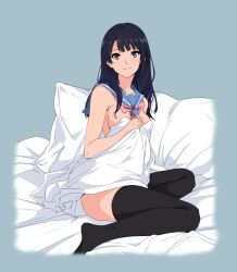 Rule 34 | 1girl, black hair, black thighhighs, blue sailor collar, breasts, closed mouth, full body, hibike! euphonium, highres, kousaka reina, long hair, looking at viewer, medium breasts, neckerchief, partially undressed, pillow, pink neckerchief, purple eyes, sailor collar, sbel02, sitting, smile, solo, thighhighs, under covers