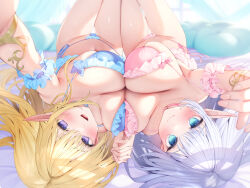 Rule 34 | 2girls, aqua eyes, arm garter, belt collar, blonde hair, blue bra, blue panties, blurry, blurry background, blush, bra, breast press, breasts, breasts squeezed together, cleavage, closed mouth, collar, collarbone, frilled bra, frilled panties, frills, groin, hair between eyes, highres, holding hands, interlocked fingers, large breasts, lingerie, long hair, looking at viewer, lying, multiple girls, navel, non-web source, on back, original, outstretched arm, panties, parted lips, pink bra, pink panties, pointy ears, purple eyes, side-tie panties, sidelocks, skindentation, symmetrical docking, underwear, white hair
