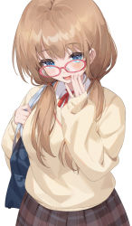 Rule 34 | 1girl, bag, blue eyes, blush, brown hair, brown skirt, collared shirt, commentary request, glasses, hachinatsu, hair over shoulder, hair tie, hand on own cheek, hand on own face, highres, long hair, long sleeves, looking at viewer, lower teeth only, original, pink-framed eyewear, pleated skirt, red ribbon, ribbon, school bag, school uniform, serafuku, shirt, sidelocks, simple background, skirt, sleeves past wrists, smile, solo, sweater, teeth, twintails, uniform, white background, white shirt, yellow sweater