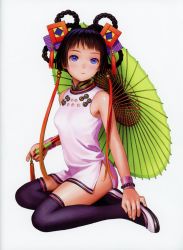 Rule 34 | 1girl, absurdres, blue eyes, highres, holding, holding umbrella, murata range, purple thighhighs, simple background, sitting, solo, thighhighs, umbrella