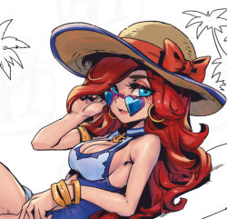 Rule 34 | 1girl, anchor symbol, armlet, bare shoulders, blue eyes, blue one-piece swimsuit, bow, bracelet, breasts, brown hat, cleavage, cowboy shot, freckles, from side, hand in own hair, hand up, hat, jewelry, large breasts, league of legends, long hair, miss fortune (league of legends), one-piece swimsuit, palm tree, phantom ix row, pool party miss fortune, red bow, red hair, shiny skin, smile, solo, sun hat, swimsuit, tree, white background