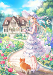 Rule 34 | 1girl, absurdres, back bow, blonde hair, blue sky, bow, bug, bush, butterfly, closed mouth, cloud, dog, door, dress, fence, field, flower, flower field, foxglove, frilled dress, frills, garden, glint, green eyes, hat, hat ribbon, highres, holding, holding watering can, house, insect, leaf, long hair, looking at viewer, looking to the side, original, path, picket fence, ribbon, road, rose, scenery, shiba inu, sky, smile, stairs, standing, sun hat, sundress, suzaku (zaku6584), tree, watering can, welsh corgi, white dress, white footwear, window, wooden fence, wrist cuffs