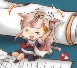 Rule 34 | &gt; &lt;, +++, 1boy, 1girl, :3, :d, admiral (kancolle), black legwear, black ribbon, blush, chibi, closed eyes, commentary request, facing viewer, hair flaps, hair ornament, hair ribbon, hairclip, hands up, kantai collection, laughing, mini person, minigirl, motion lines, neckerchief, nose blush, open mouth, paper, pink hair, purple shirt, purple skirt, red neckerchief, ribbon, rolling, shirt, short sleeves, signature, skirt, smile, socks, solo focus, taisa (kari), yuudachi (kancolle)