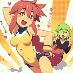 Rule 34 | 2girls, :d, alternate breast size, armpits, breasts, commentary request, covered navel, double v, fingerless gloves, gloves, green hair, leotard, long hair, looking at viewer, medium breasts, metata, multiple girls, open mouth, original, red eyes, red hair, short hair, smile, v, yellow gloves, yellow leotard