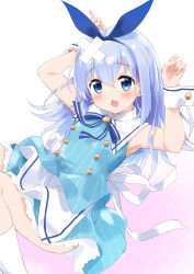Rule 34 | 1girl, absurdres, apron, arms up, blue bow, blue eyes, blue hair, blue ribbon, blue shirt, blue skirt, blush, bow, chestnut mouth, commentary request, crossed bandaids, feet out of frame, gochuumon wa usagi desu ka?, gradient background, hair between eyes, hair ribbon, highres, kafuu chino, long hair, mousou (mousou temporary), open mouth, pink background, ribbon, shirt, skirt, socks, solo, striped clothes, striped shirt, striped skirt, vertical-striped clothes, vertical-striped shirt, vertical-striped skirt, very long hair, waist apron, white apron, white background, white socks, wrist cuffs