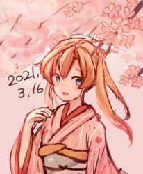 Rule 34 | 1girl, abukuma (kancolle), alternate costume, blonde hair, blue eyes, branch, cherry blossoms, commentary request, dated, double bun, hair bun, hair rings, hand on own chest, japanese clothes, kantai collection, kimono, long hair, looking at viewer, pink kimono, solo, twitter username, upper body, wss (nicoseiga19993411)