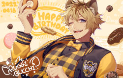 Rule 34 | 13 (bbr584607091), 1boy, animal ear fluff, animal ears, black shirt, blonde hair, blue eyes, bow, bowtie, character name, collared shirt, commentary, copyright name, dated, doughnut, fangs, food, hand up, happy birthday, highres, holding, holding food, hyena boy, hyena ears, jacket, leaning back, leona kingscholar, letterman jacket, long sleeves, male focus, official alternate costume, one eye closed, open mouth, plaid, plaid vest, pon de ring, shirt, solo, symbol-only commentary, teeth, twisted wonderland, upper body, vest, yellow background, yellow bow, yellow bowtie, yellow vest